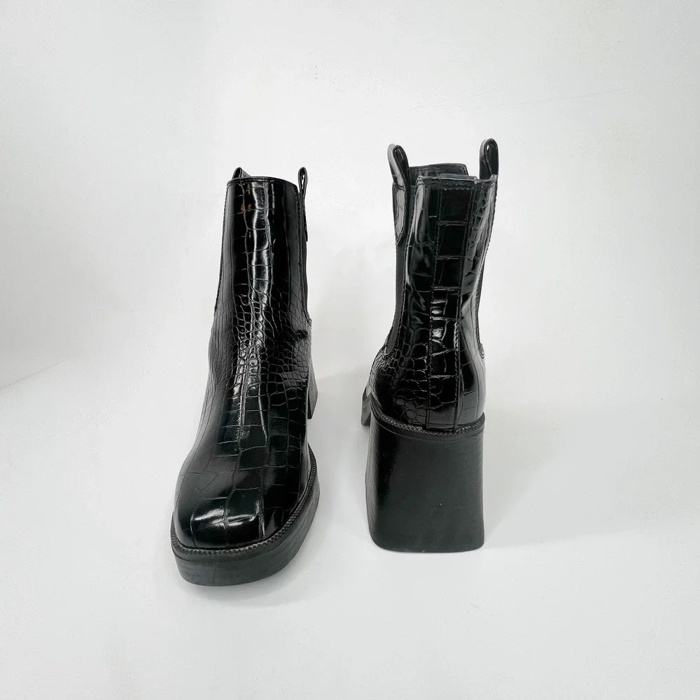 NASTY GAL Croc Square Toe Heeled Black Ankle Boots 8